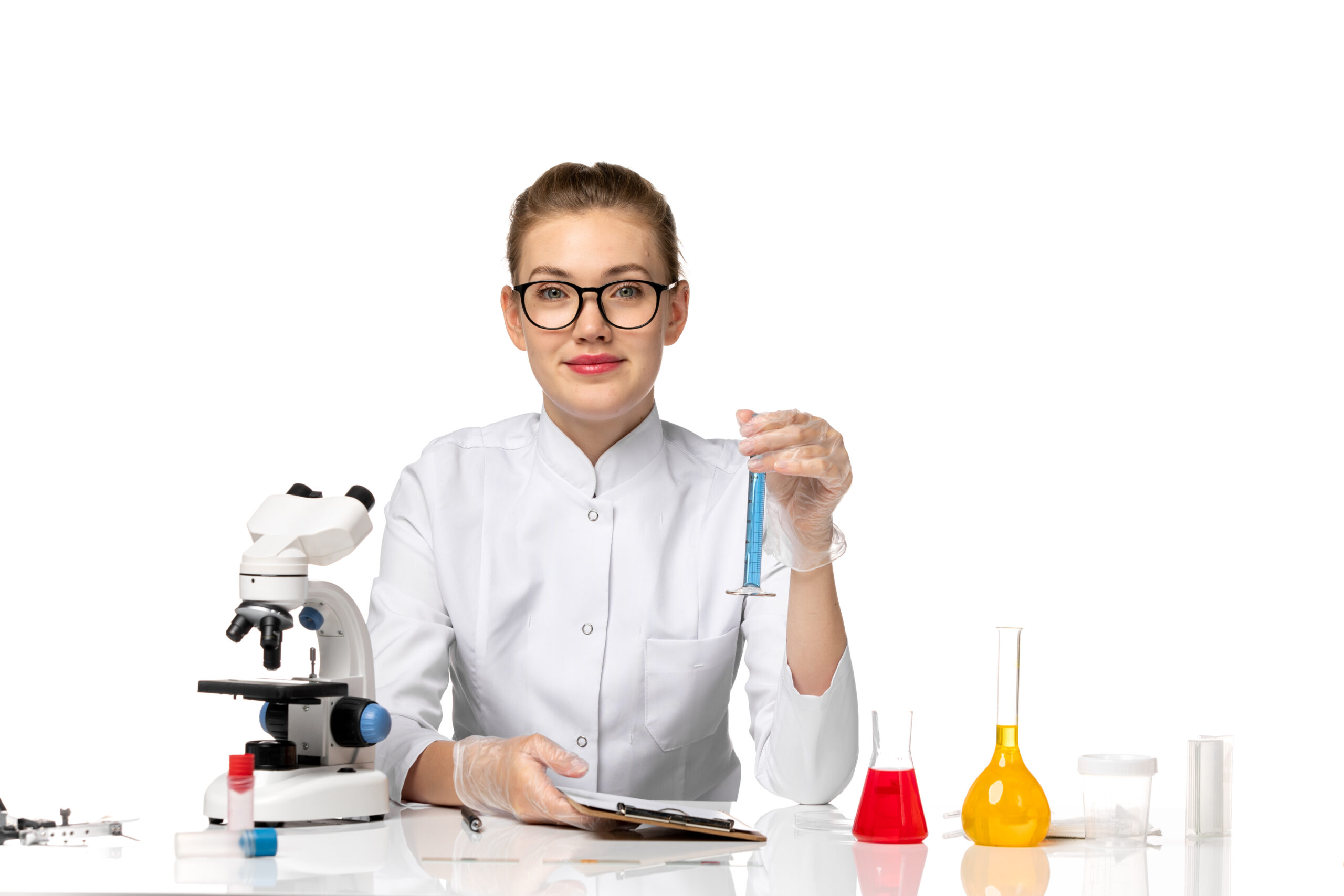 front-view-female-doctor-white-medical-suit-working-with-solutions-white-space